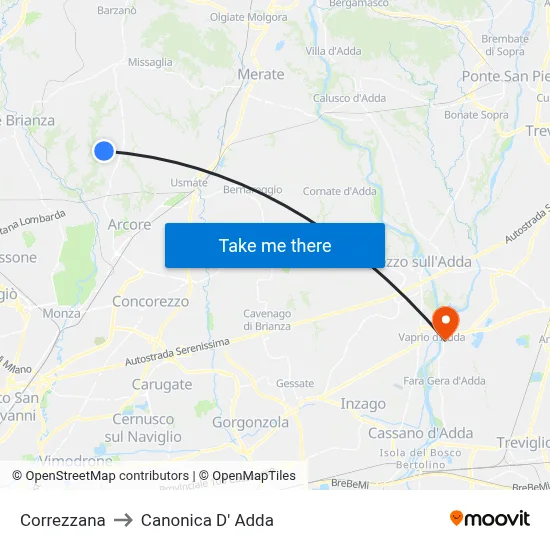 Correzzana to Canonica d'Adda map