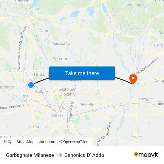 Garbagnate Milanese to Canonica d'Adda map