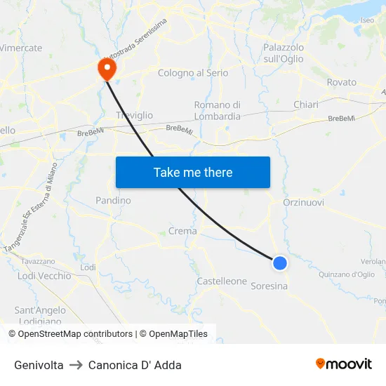 Genivolta to Canonica d'Adda map