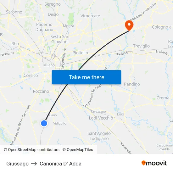 Giussago to Canonica d'Adda map