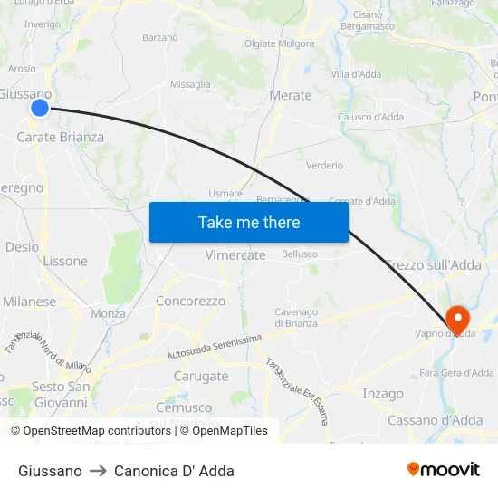 Giussano to Canonica d'Adda map