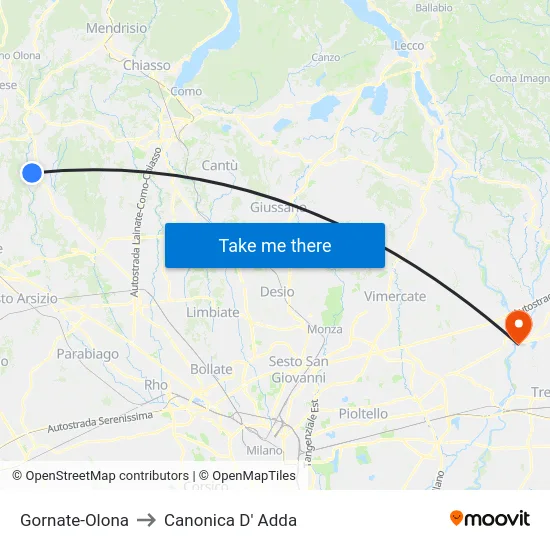 Gornate-Olona to Canonica d'Adda map