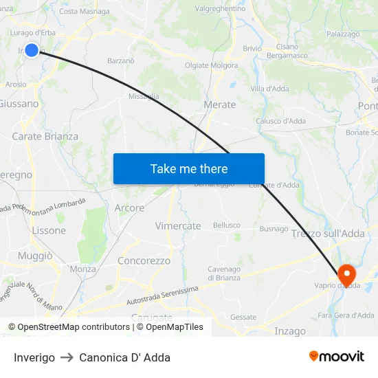 Inverigo to Canonica d'Adda map