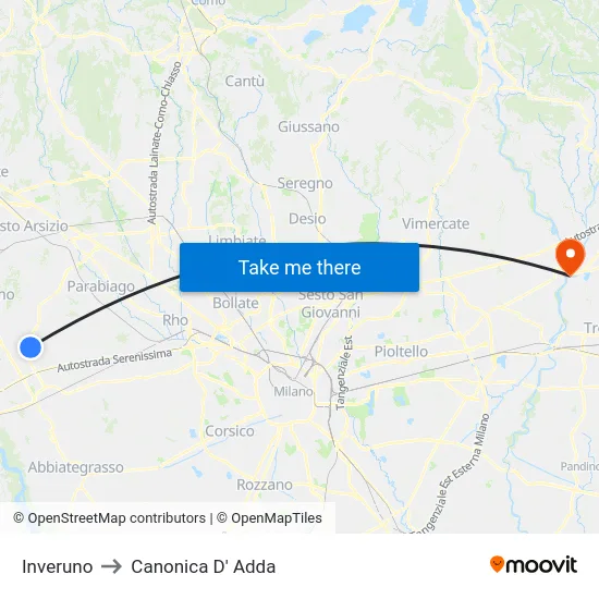 Inveruno to Canonica D' Adda map