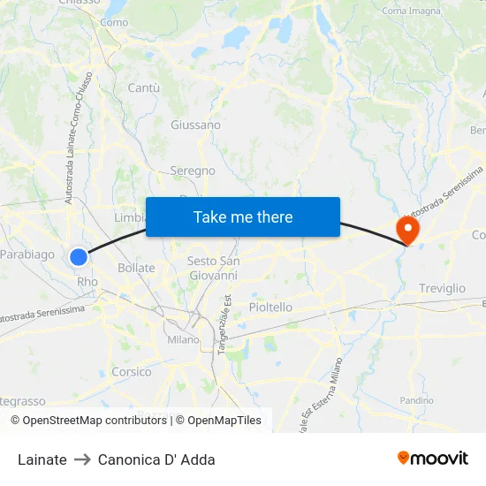 Lainate to Canonica d'Adda map