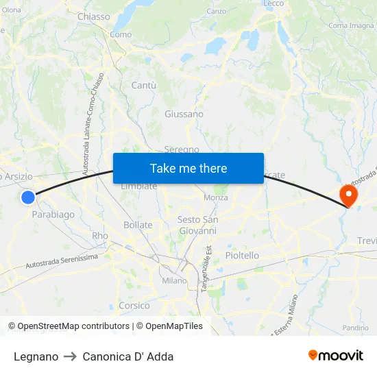 Legnano to Canonica d'Adda map