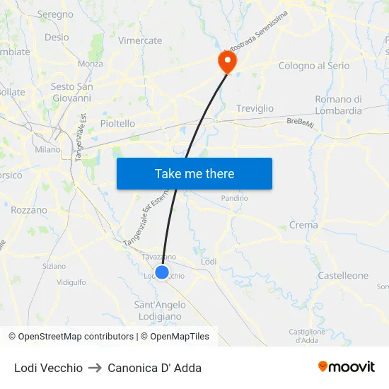 Lodi Vecchio to Canonica D' Adda map