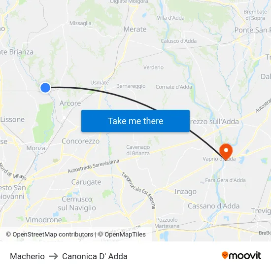 Macherio to Canonica D' Adda map