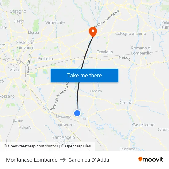 Montanaso Lombardo to Canonica D' Adda map