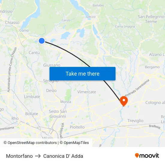Montorfano to Canonica d'Adda map