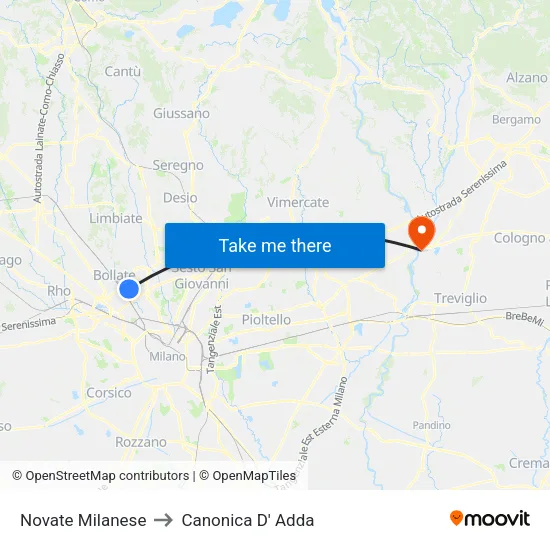 Novate Milanese to Canonica D' Adda map