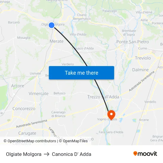 Olgiate Molgora to Canonica D' Adda map