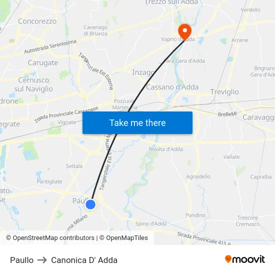 Paullo to Canonica D' Adda map