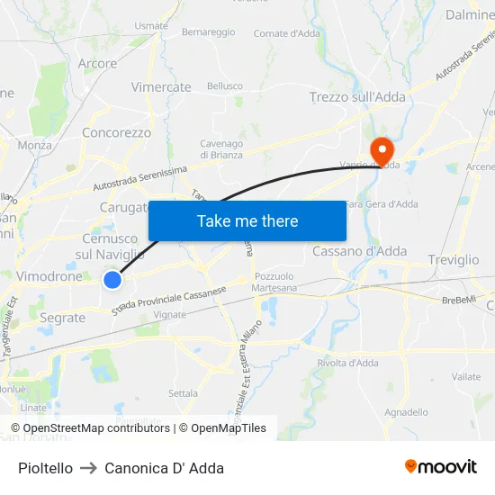 Pioltello to Canonica D' Adda map