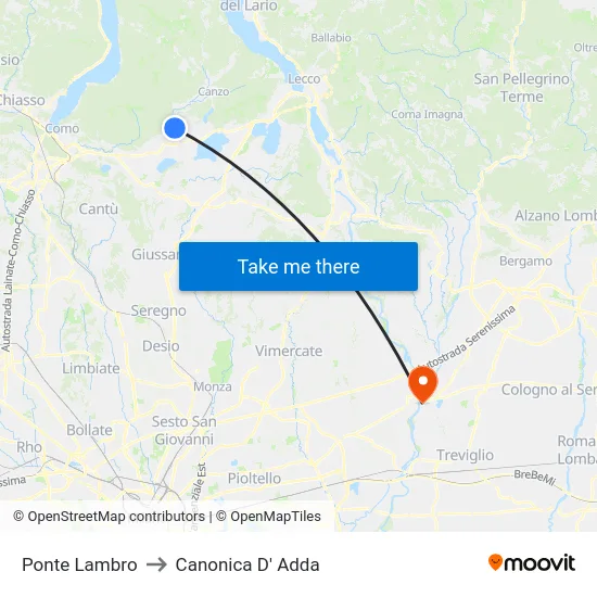 Ponte Lambro to Canonica D' Adda map