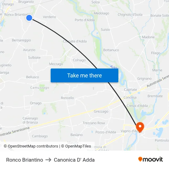 Ronco Briantino to Canonica d'Adda map
