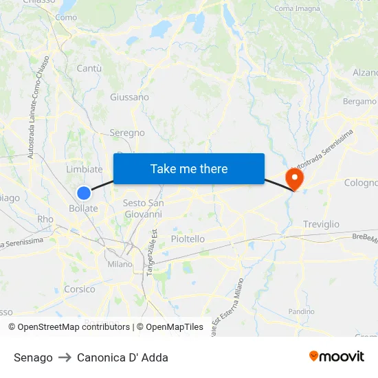 Senago to Canonica D' Adda map