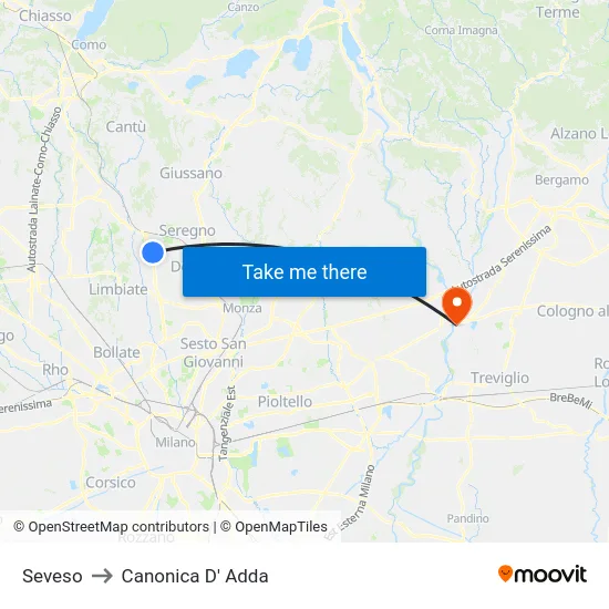 Seveso to Canonica D' Adda map