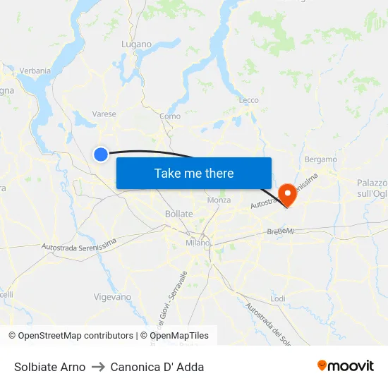Solbiate Arno to Canonica D' Adda map