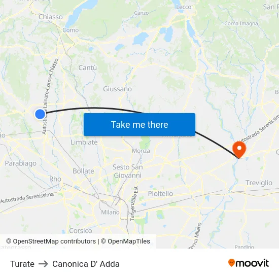 Turate to Canonica D' Adda map