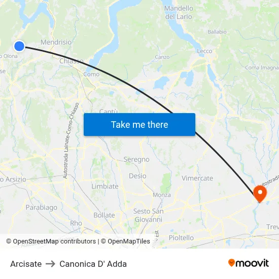 Arcisate to Canonica d'Adda map