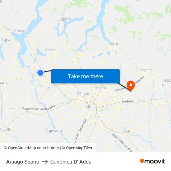 Arsago Seprio to Canonica D' Adda map