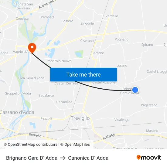 Brignano Gera D' Adda to Canonica D' Adda map