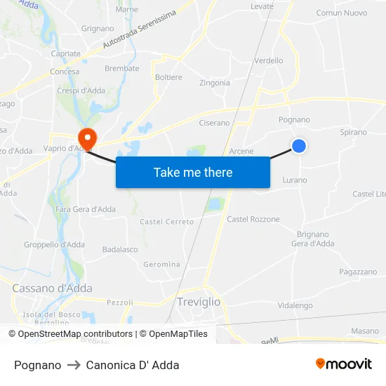 Pognano to Canonica d'Adda map
