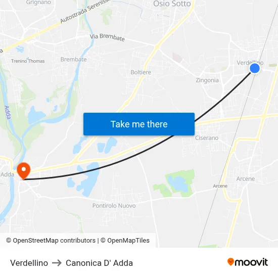 Verdellino to Canonica d'Adda map