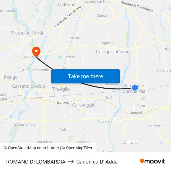 ROMANO DI LOMBARDIA to Canonica D' Adda map
