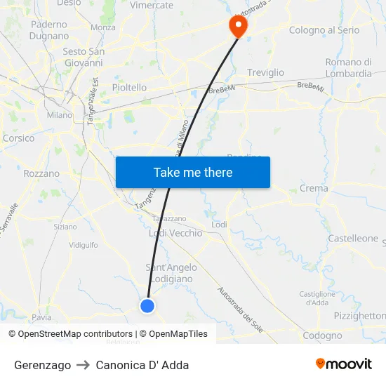 Gerenzago to Canonica d'Adda map