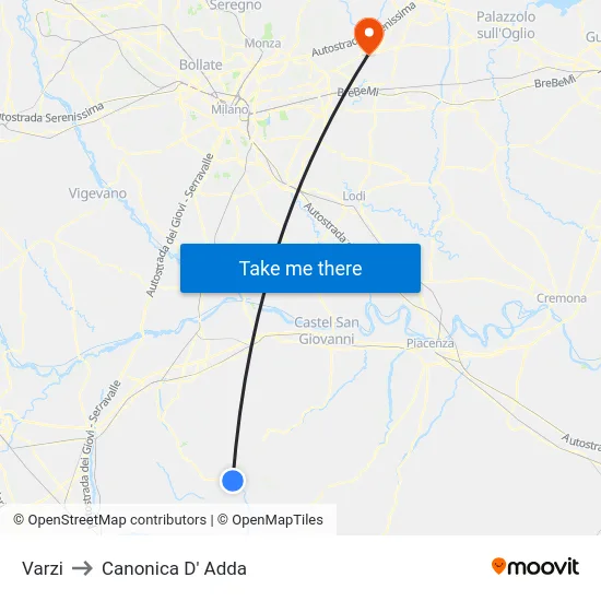 Varzi to Canonica D' Adda map