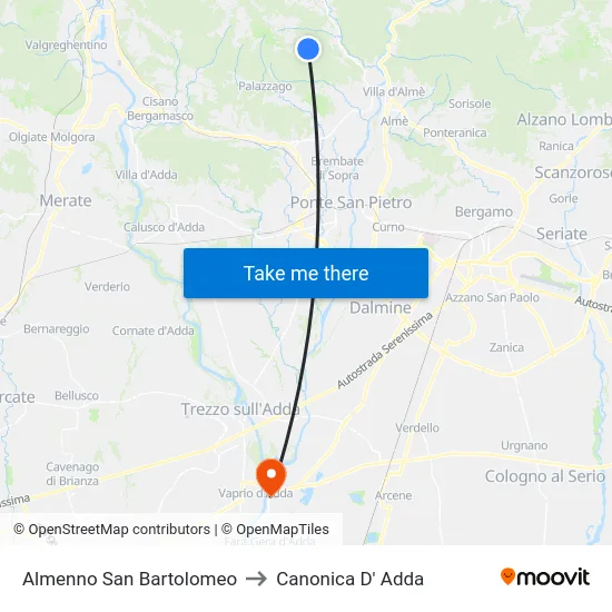 Almenno San Bartolomeo to Canonica D' Adda map