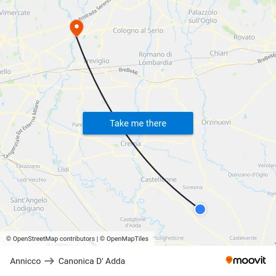 Annicco to Canonica D' Adda map