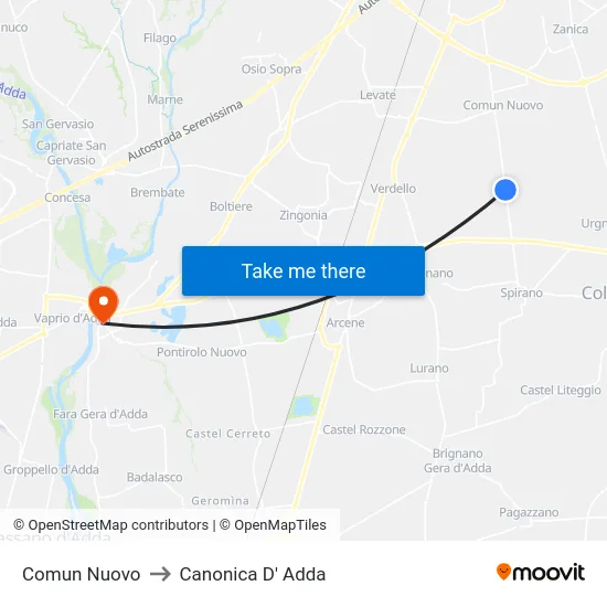 Comun Nuovo to Canonica D' Adda map