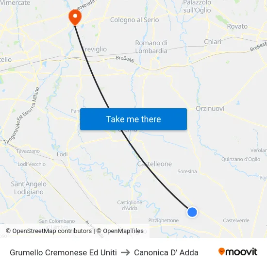 Grumello Cremonese Ed Uniti to Canonica D' Adda map