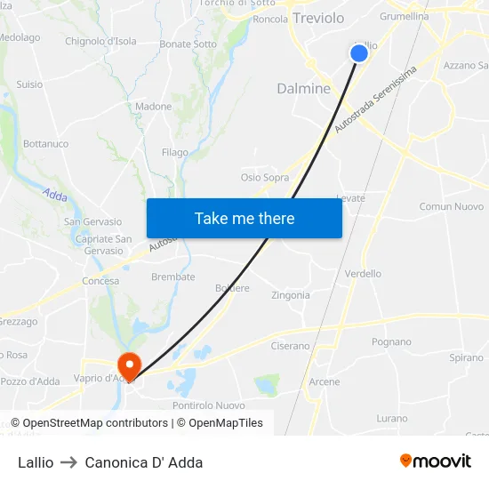 Lallio to Canonica D' Adda map