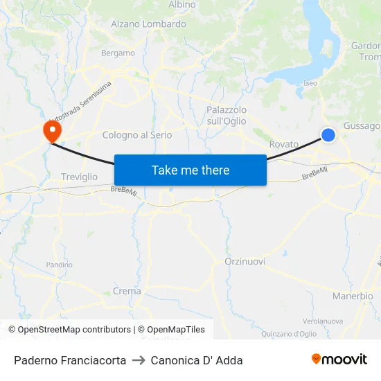Paderno Franciacorta to Canonica D' Adda map