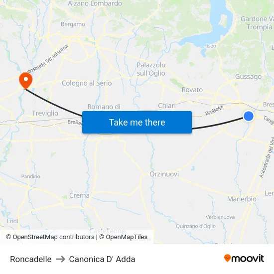 Roncadelle to Canonica D' Adda map