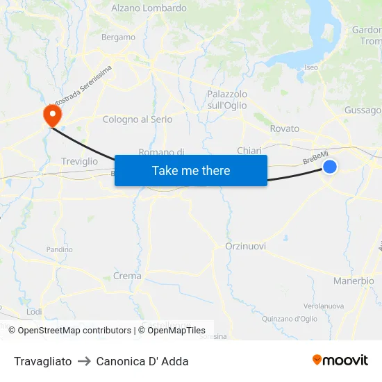 Travagliato to Canonica D' Adda map