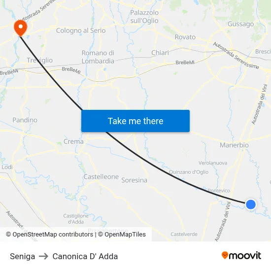 Seniga to Canonica d'Adda map