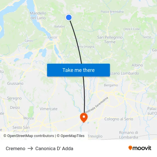 Cremeno to Canonica d'Adda map