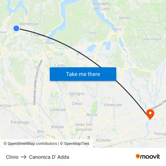 Clivio to Canonica D' Adda map