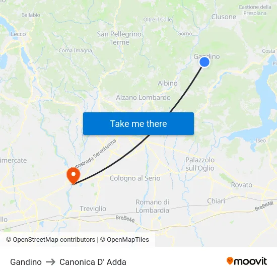 Gandino to Canonica D' Adda map