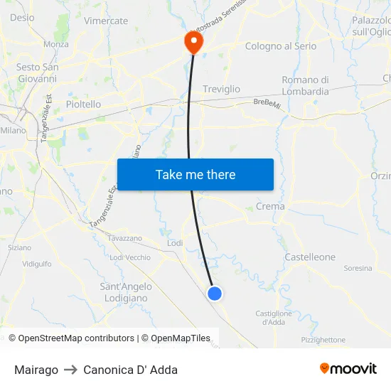 Mairago to Canonica d'Adda map