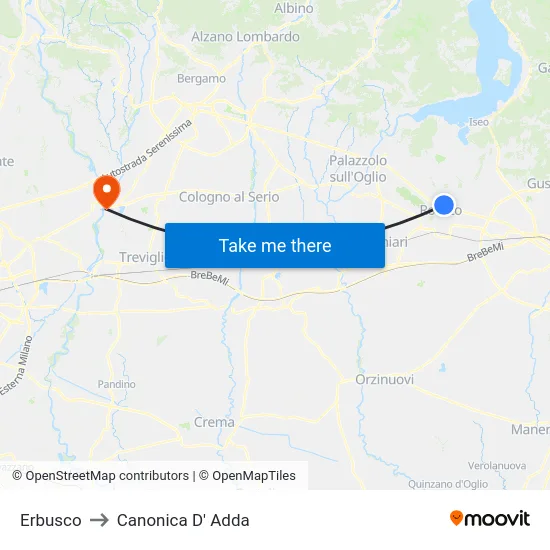 Erbusco to Canonica D' Adda map