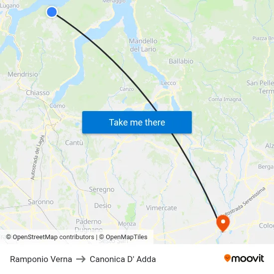 Ramponio Verna to Canonica d'Adda map