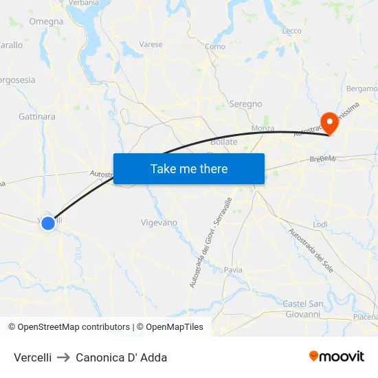 Vercelli to Canonica D' Adda map