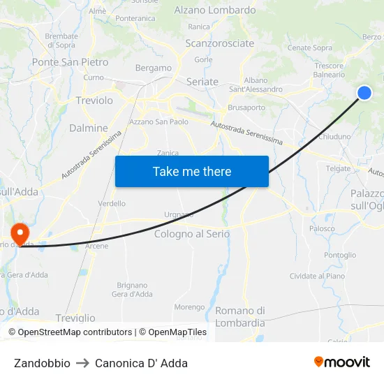 Zandobbio to Canonica D' Adda map