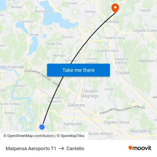 Malpensa Aeroporto T1 to Cantello map